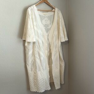 NWT, Cactus+Pearl Womens Embroidered Open Front Duster Kimono in Ivory, Size XXL